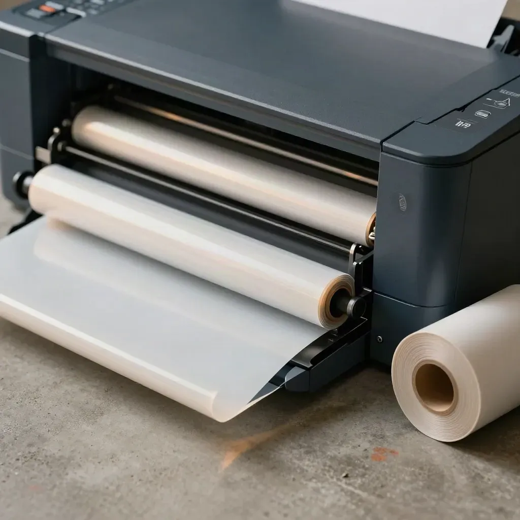 Macro side view of a printer media path with vinyl rolls and a decal sheet on concrete.