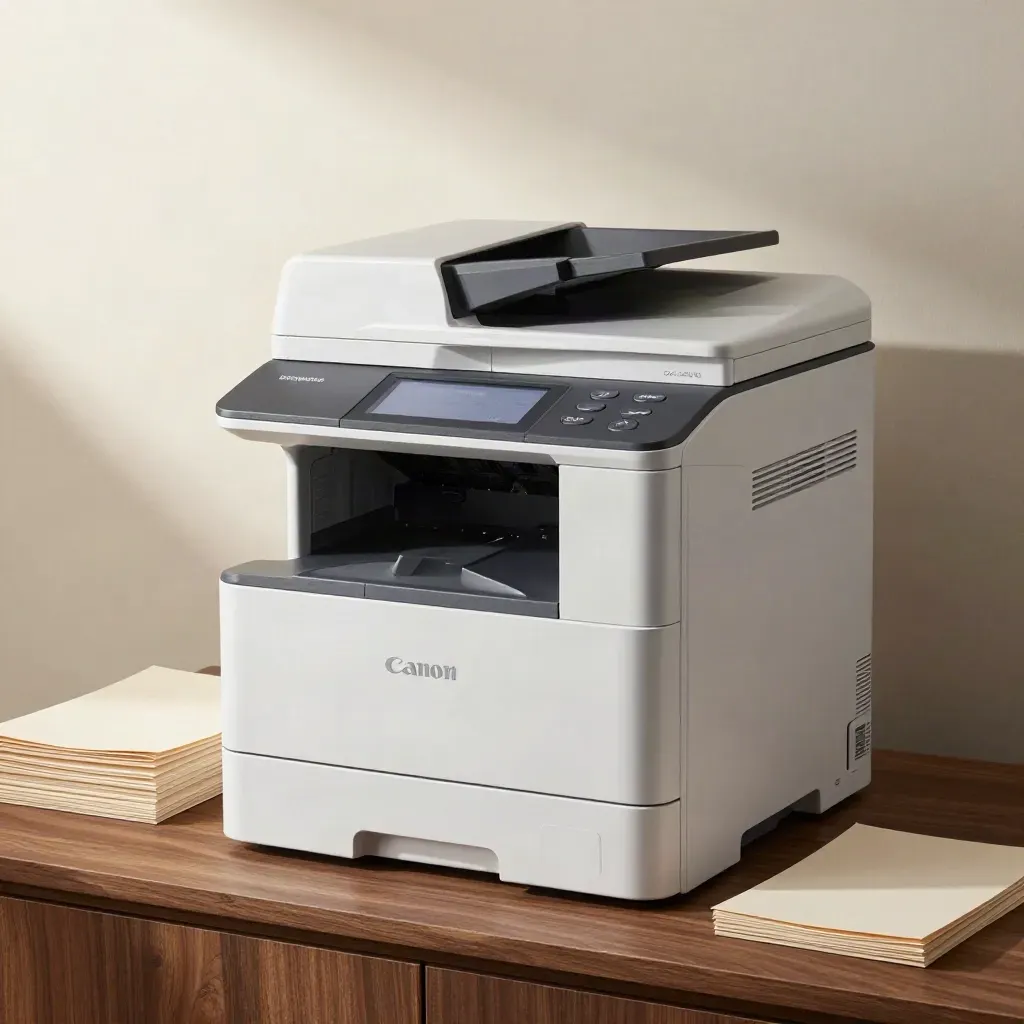 Canon office MFP hero shot with paper trays and neutral stationery on a warm walnut plinth