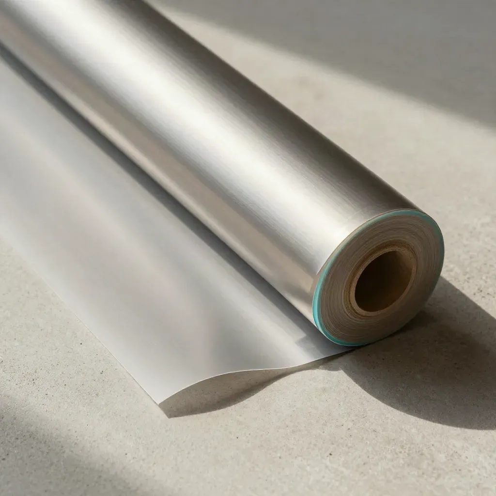 Overhead flatlay of a wide-format print film roll with a peeled edge on concrete.