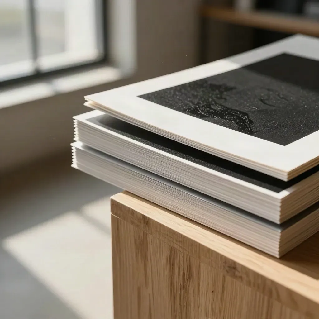 Macro of stacked print proofs and calibration swatches on oak in a sunlit showroom